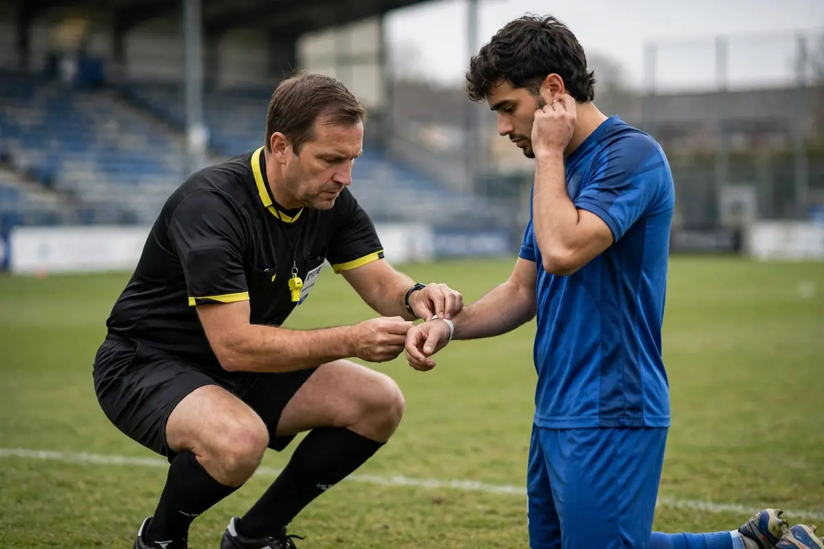 Referee checking a player's wrists and ears for jewelry before kickoff
