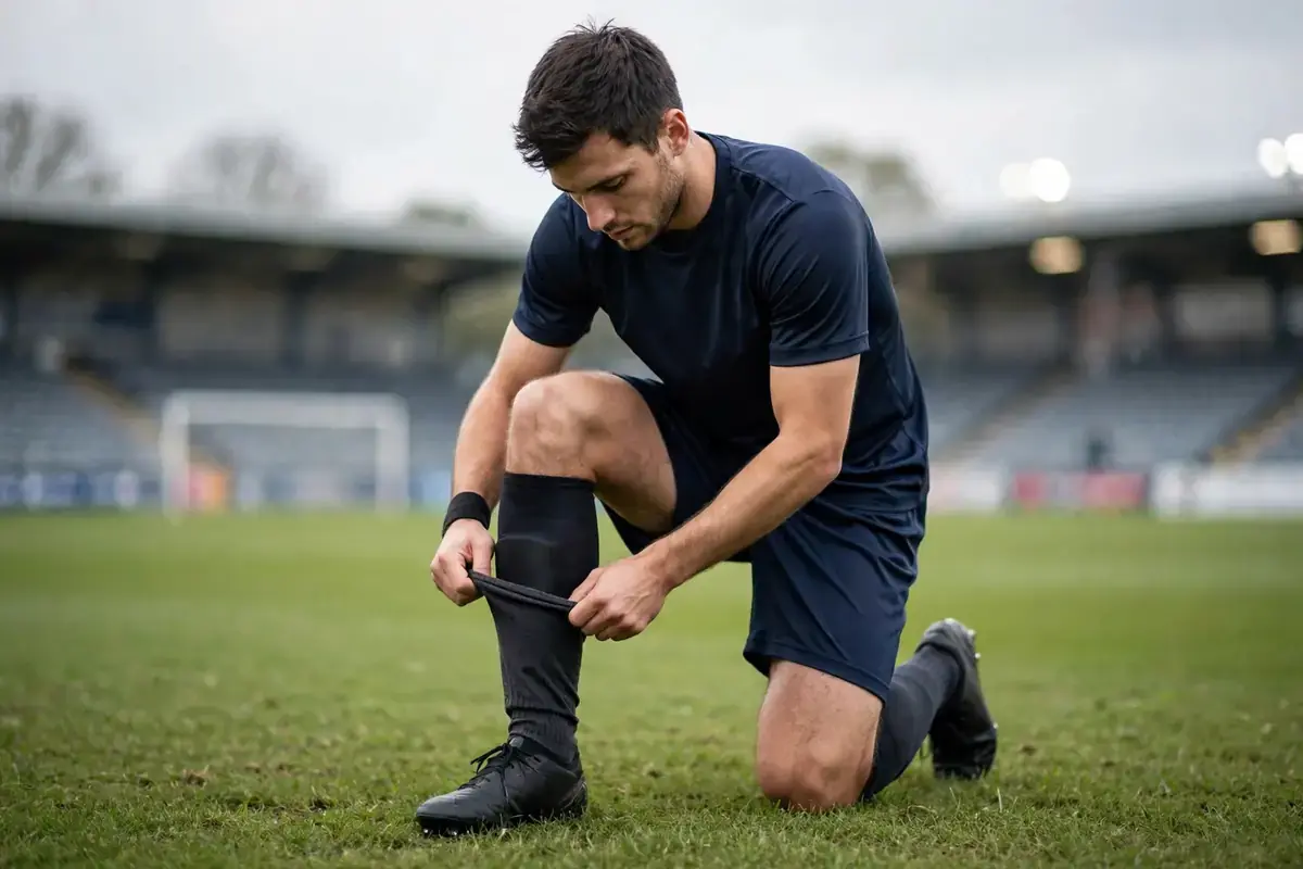 Football player pulling up sock over shin guard on the pitch