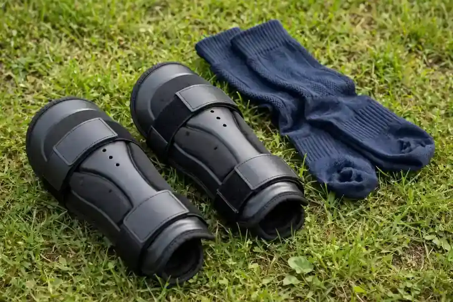 Pair of shin guards and football socks lying on the grass