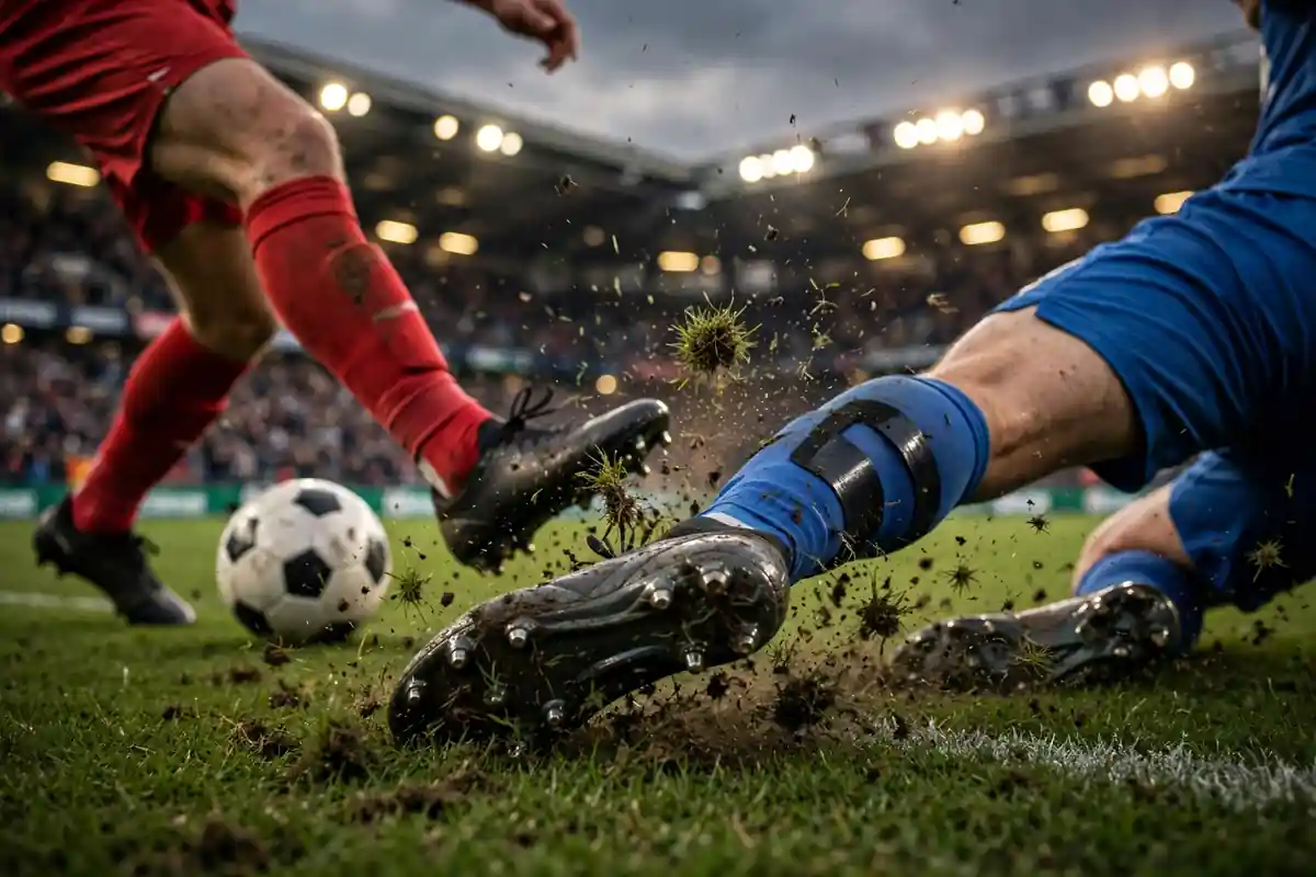 Sliding tackle near a player's shin during a football match