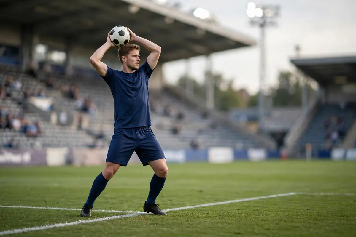 Footballer performing a proper throw-in technique on the touchline