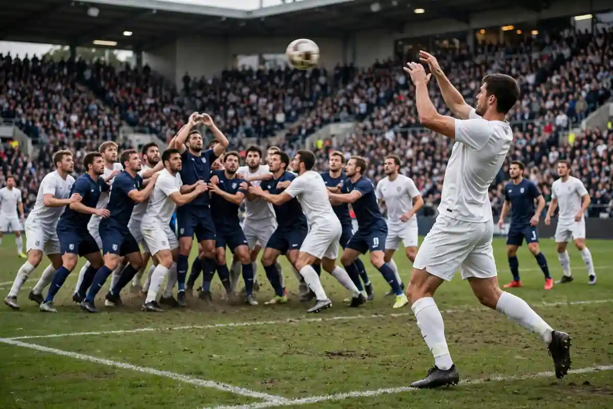 A long throw-in launched deep into a crowded penalty area