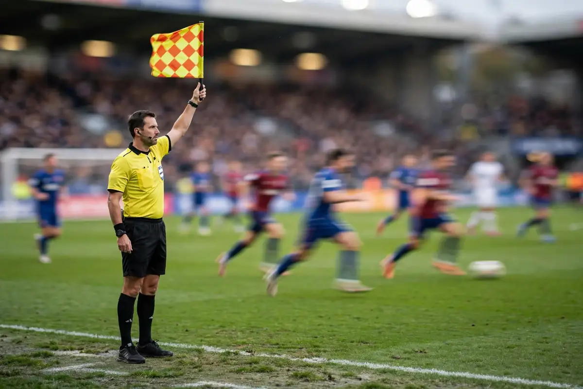 Assistant referee raising the flag to signal a foul throw on the touchline